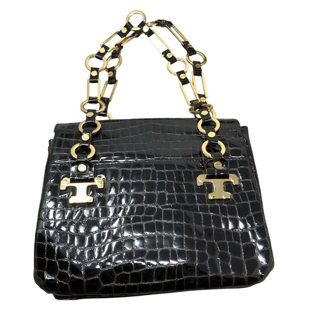 Tory Burch Retired Brown Croc Embossed Patent Leather Shoulder Bag Gold‎ Chain